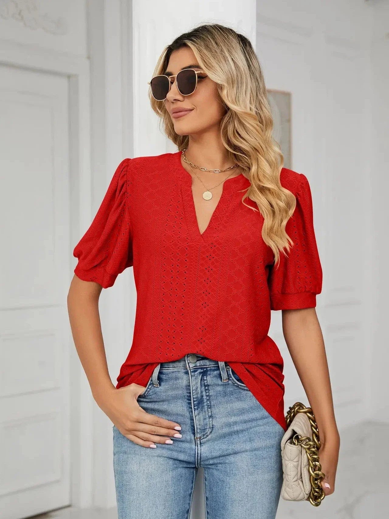 Summer New Clothing Casual Top for Women V-neck Shirts for Women Solid Color Hollow Bubble Sleeve Loose T Shirt Women Tops