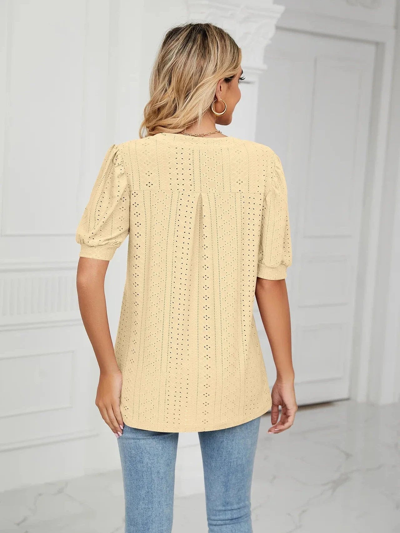 Summer New Clothing Casual Top for Women V-neck Shirts for Women Solid Color Hollow Bubble Sleeve Loose T Shirt Women Tops