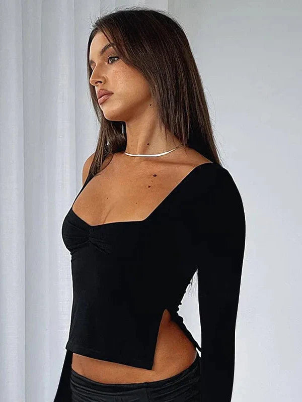 Vintage Square Neck Slit Hem Backless Cropped Tank Top