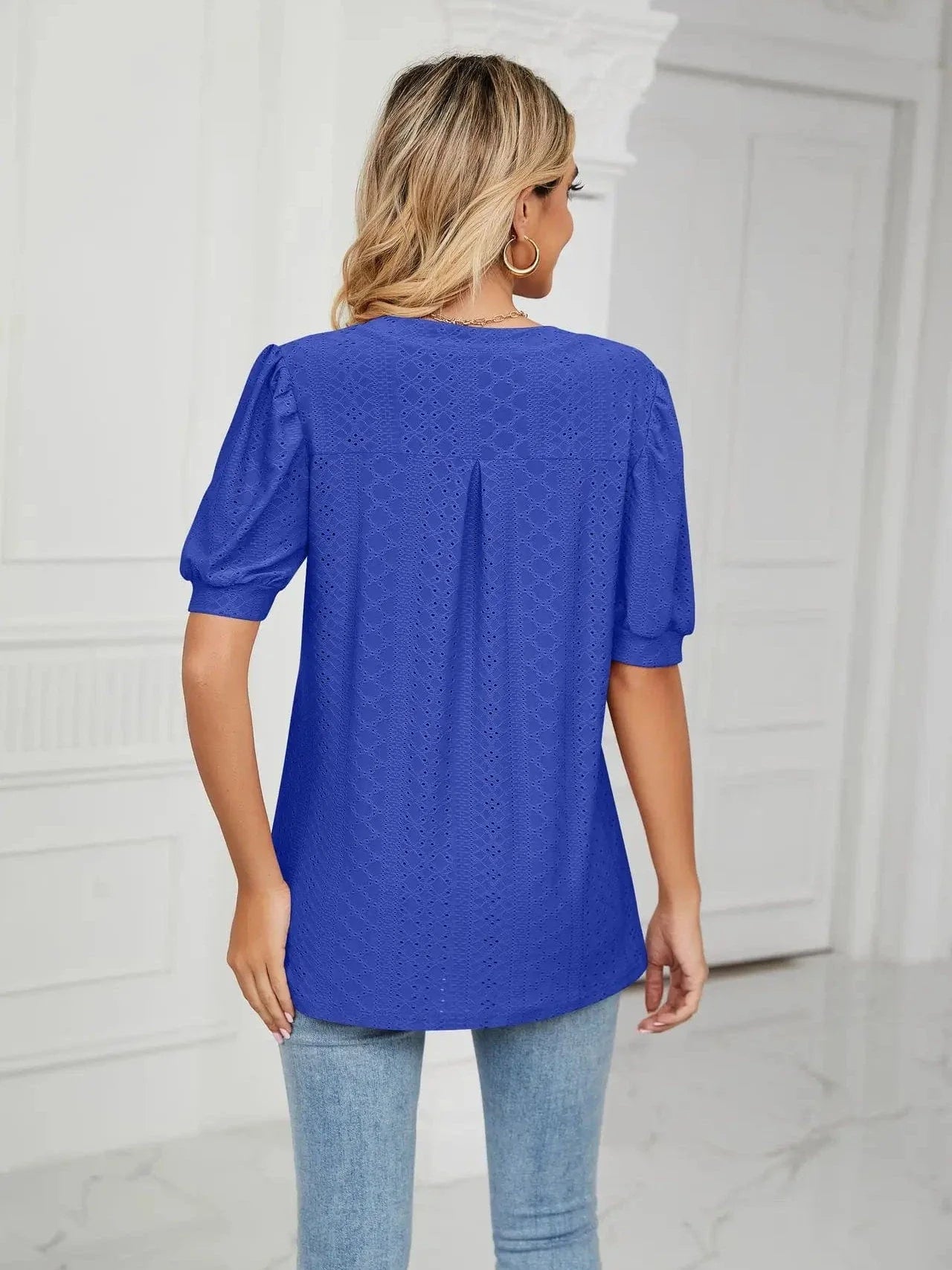Summer New Clothing Casual Top for Women V-neck Shirts for Women Solid Color Hollow Bubble Sleeve Loose T Shirt Women Tops