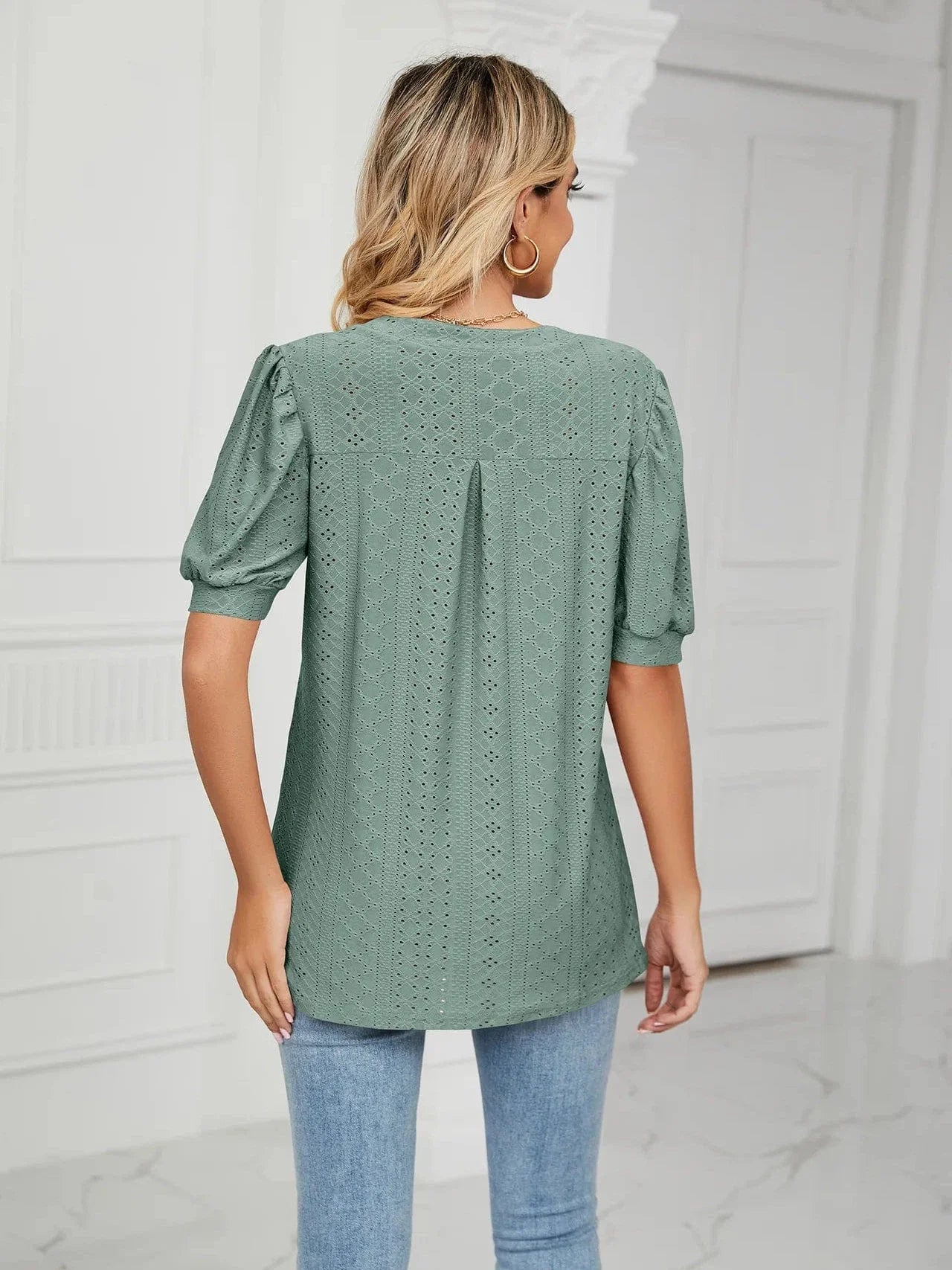 Summer New Clothing Casual Top for Women V-neck Shirts for Women Solid Color Hollow Bubble Sleeve Loose T Shirt Women Tops