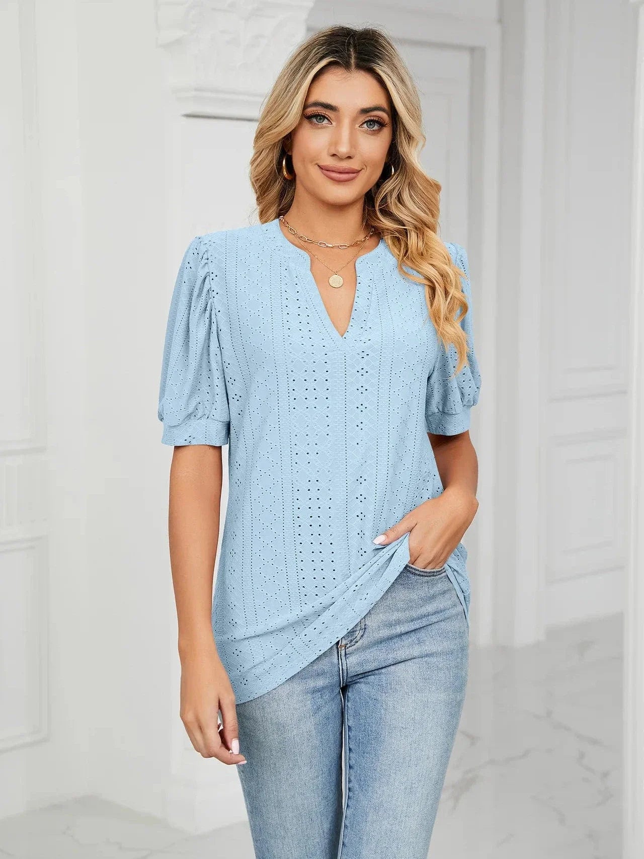 Summer New Clothing Casual Top for Women V-neck Shirts for Women Solid Color Hollow Bubble Sleeve Loose T Shirt Women Tops