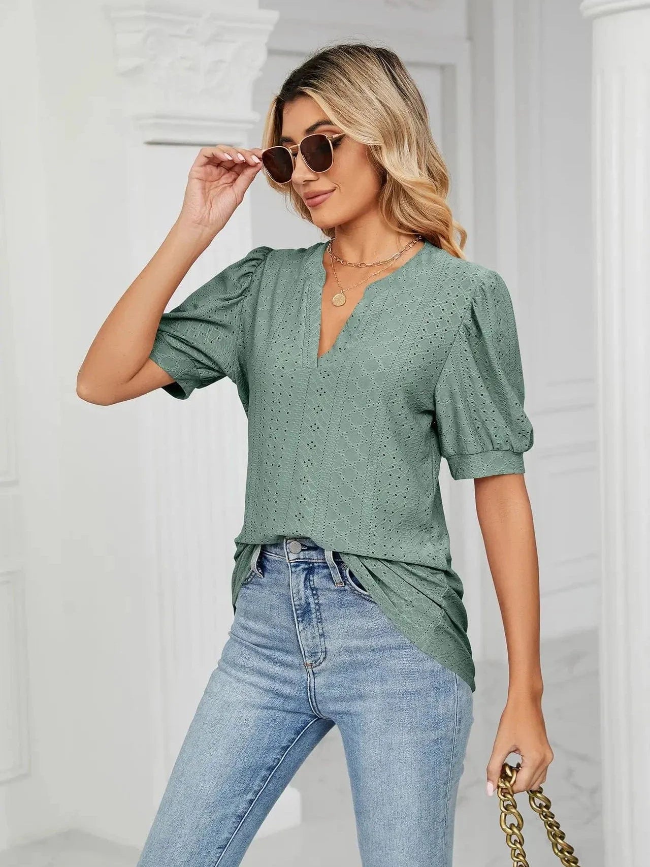 Summer New Clothing Casual Top for Women V-neck Shirts for Women Solid Color Hollow Bubble Sleeve Loose T Shirt Women Tops