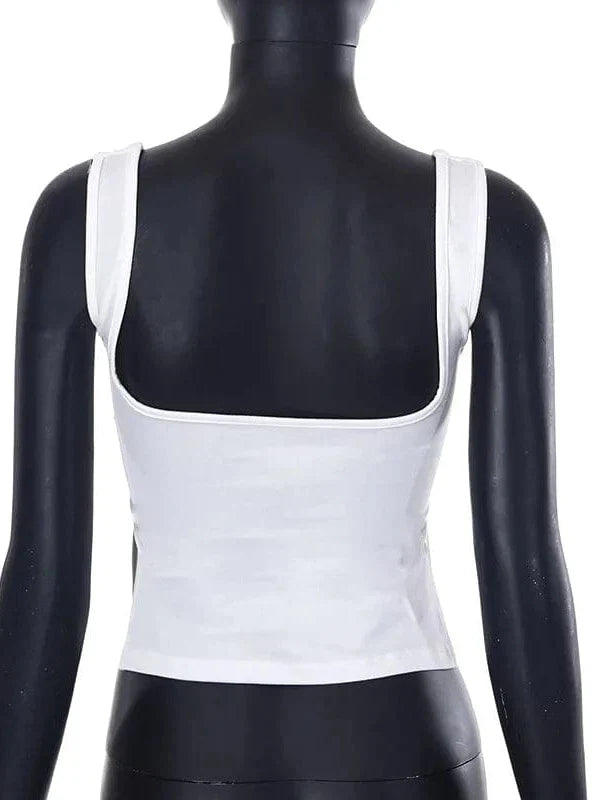 Vintage Square Neck Slit Hem Backless Cropped Tank Top