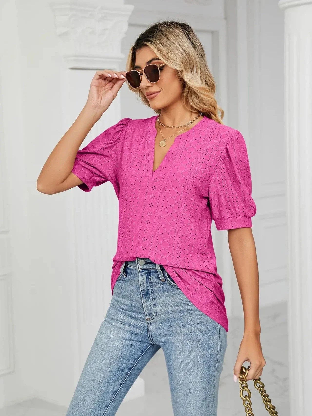 Summer New Clothing Casual Top for Women V-neck Shirts for Women Solid Color Hollow Bubble Sleeve Loose T Shirt Women Tops