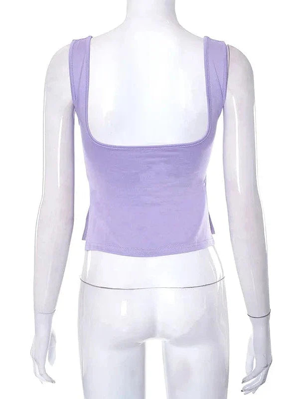 Vintage Square Neck Slit Hem Backless Cropped Tank Top