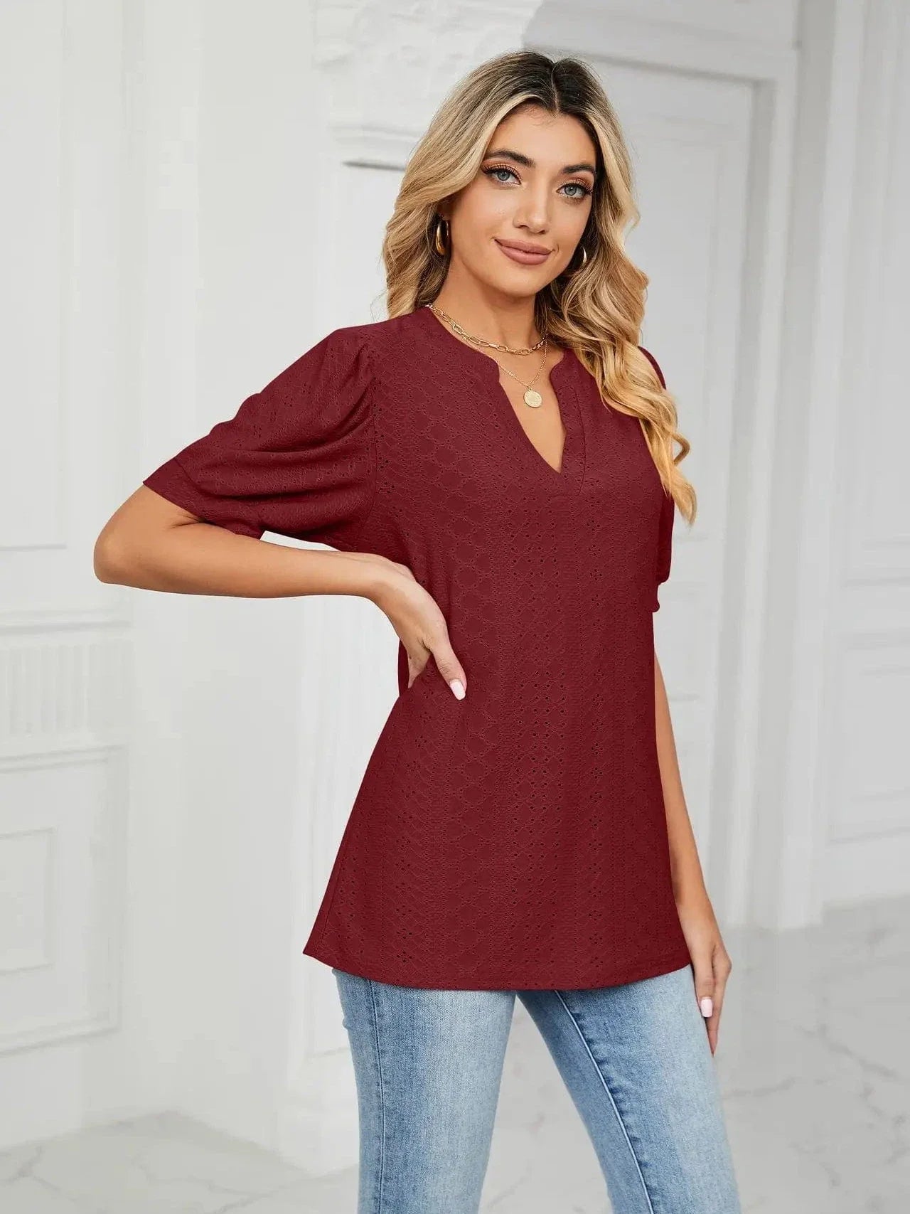 Summer New Clothing Casual Top for Women V-neck Shirts for Women Solid Color Hollow Bubble Sleeve Loose T Shirt Women Tops