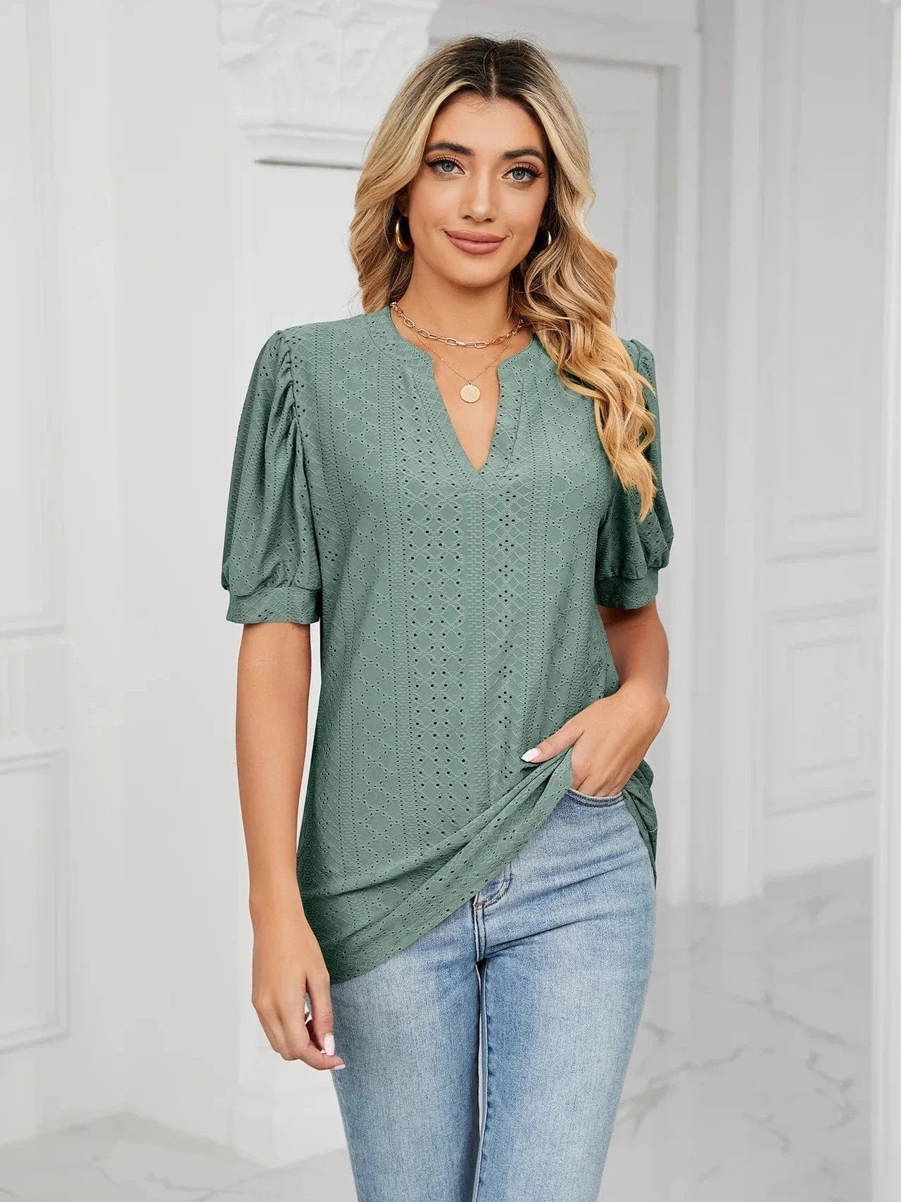 Summer New Clothing Casual Top for Women V-neck Shirts for Women Solid Color Hollow Bubble Sleeve Loose T Shirt Women Tops