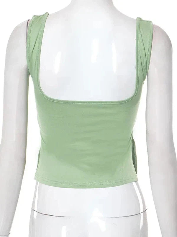 Vintage Square Neck Slit Hem Backless Cropped Tank Top
