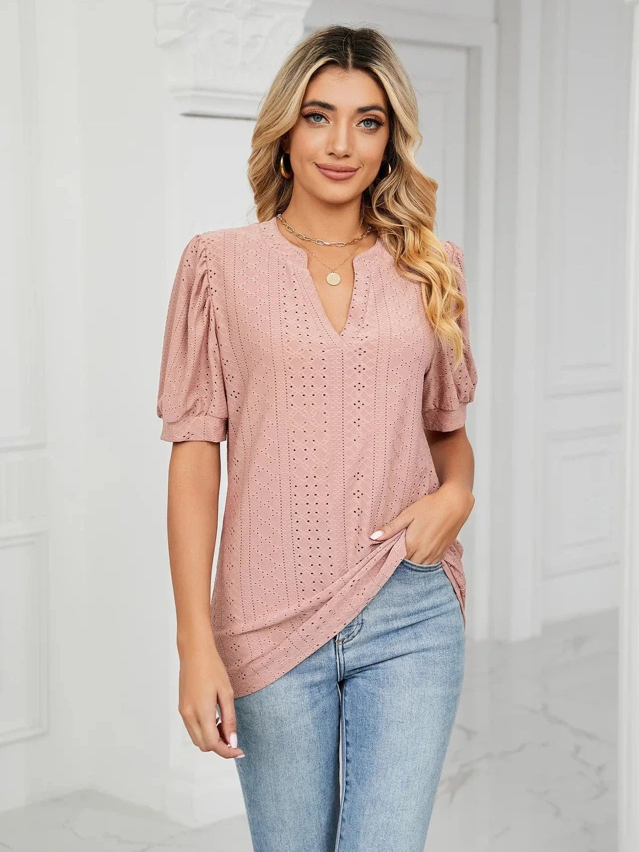 Summer New Clothing Casual Top for Women V-neck Shirts for Women Solid Color Hollow Bubble Sleeve Loose T Shirt Women Tops