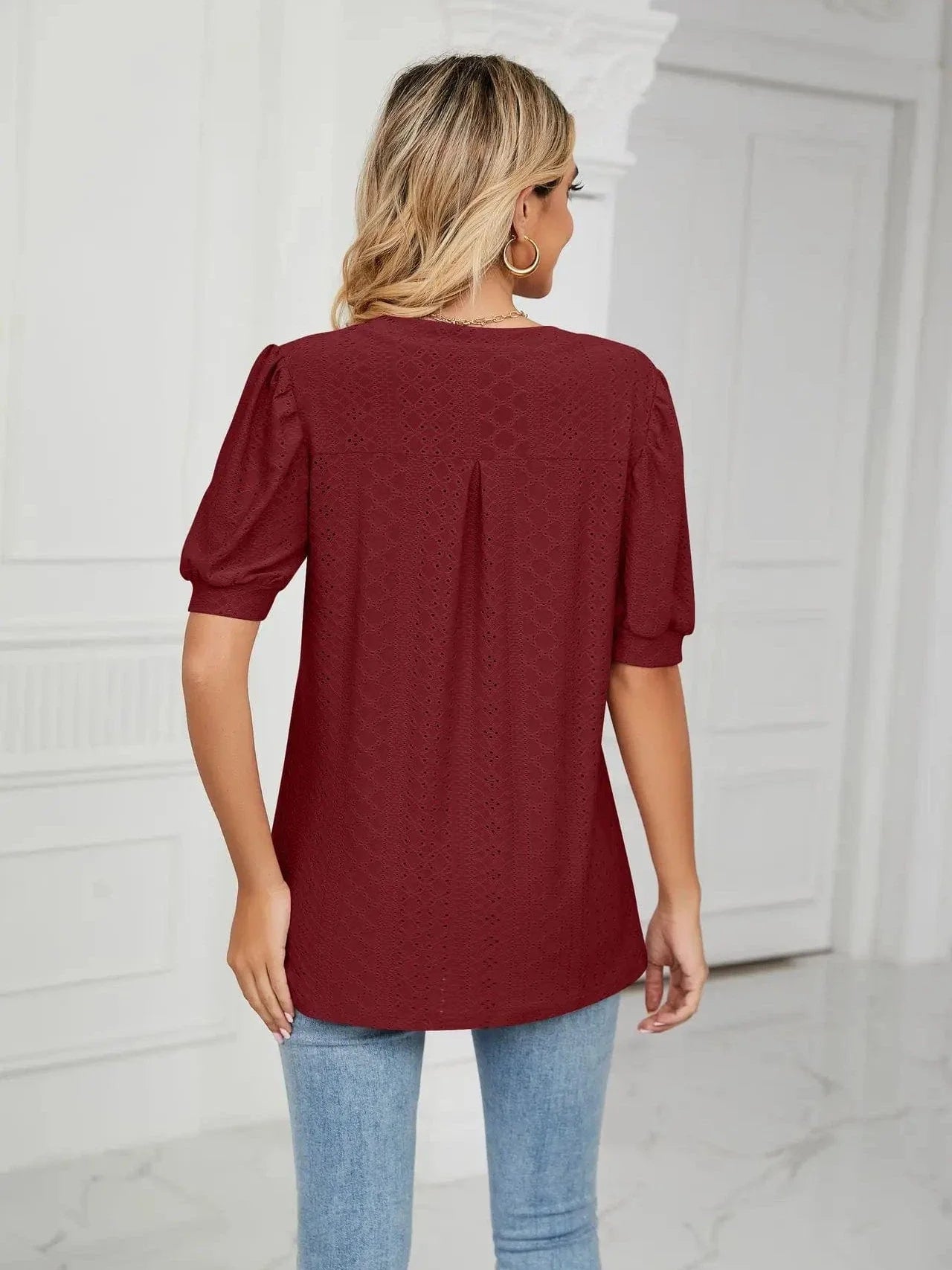Summer New Clothing Casual Top for Women V-neck Shirts for Women Solid Color Hollow Bubble Sleeve Loose T Shirt Women Tops