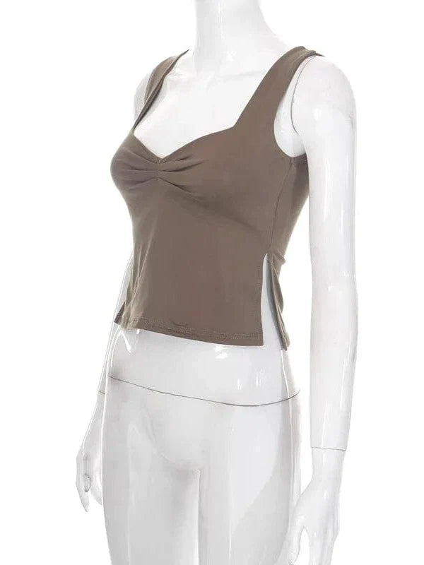 Vintage Square Neck Slit Hem Backless Cropped Tank Top