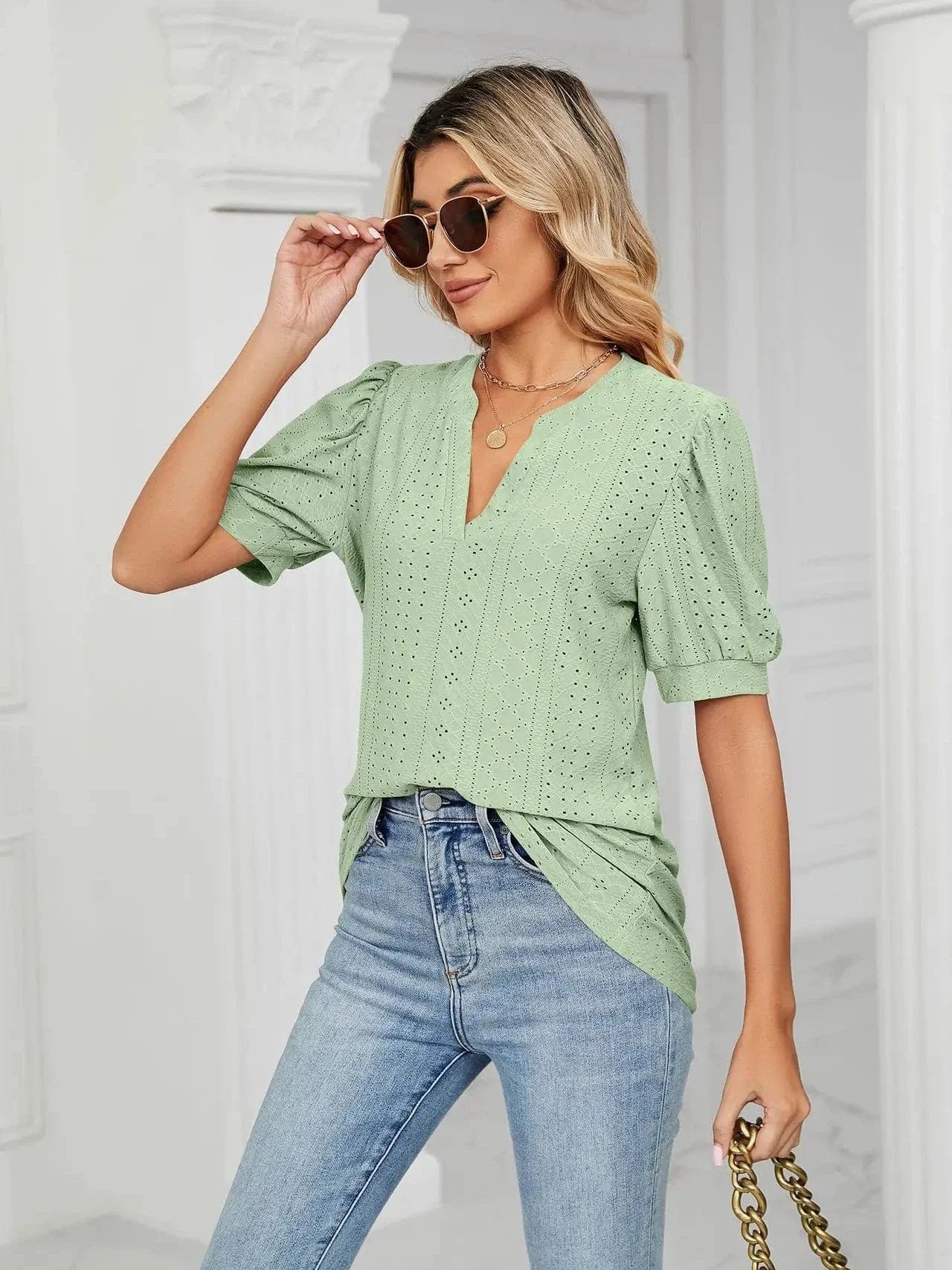 Summer New Clothing Casual Top for Women V-neck Shirts for Women Solid Color Hollow Bubble Sleeve Loose T Shirt Women Tops
