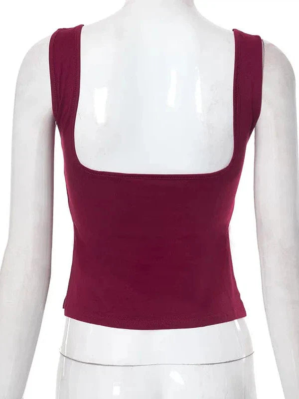 Vintage Square Neck Slit Hem Backless Cropped Tank Top