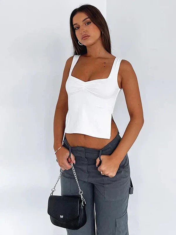 Vintage Square Neck Slit Hem Backless Cropped Tank Top