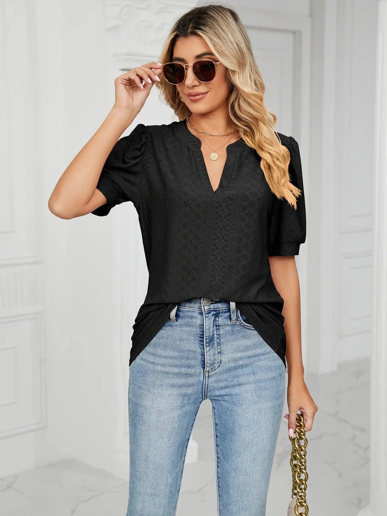 Summer New Clothing Casual Top for Women V-neck Shirts for Women Solid Color Hollow Bubble Sleeve Loose T Shirt Women Tops