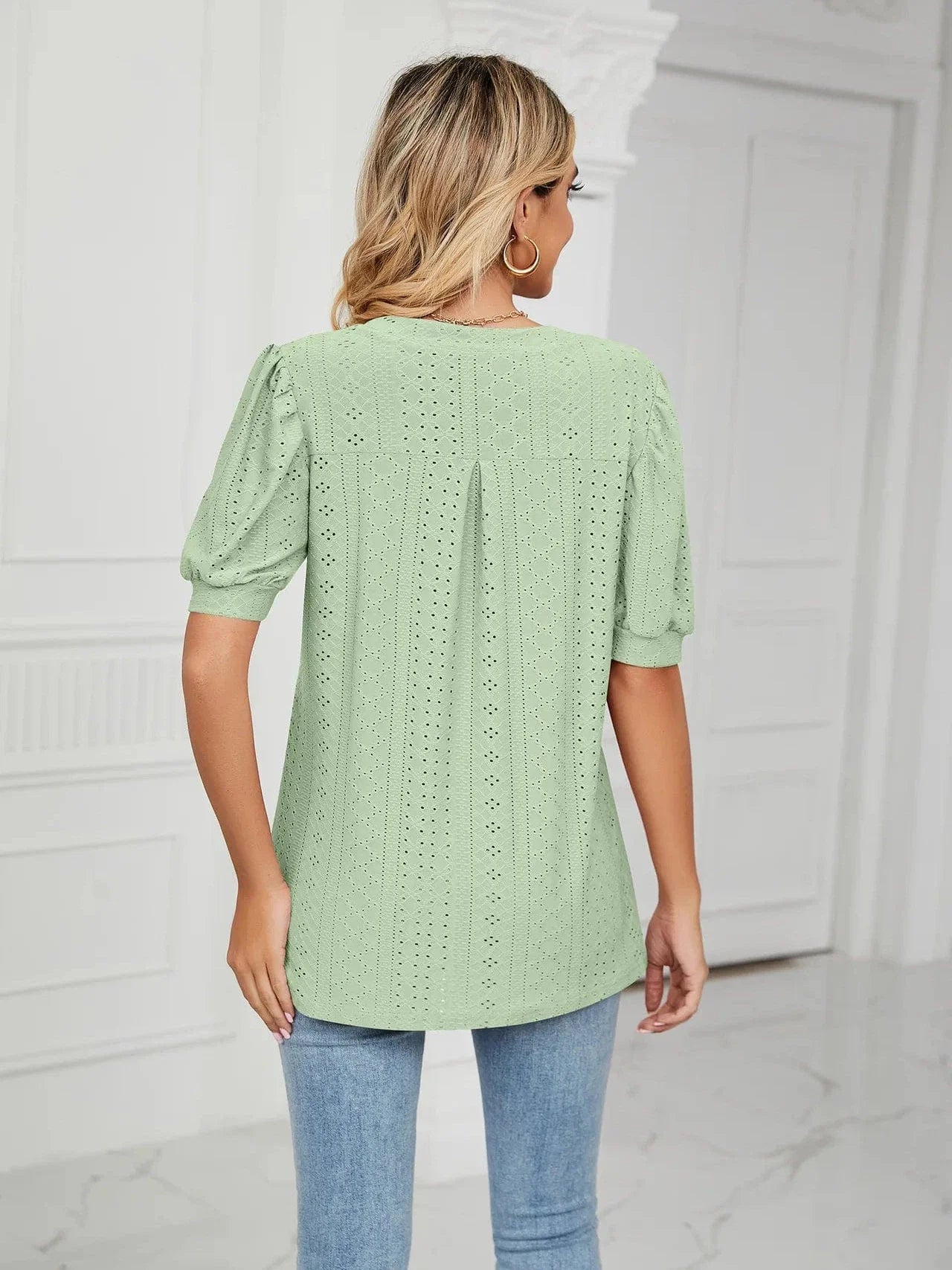 Summer New Clothing Casual Top for Women V-neck Shirts for Women Solid Color Hollow Bubble Sleeve Loose T Shirt Women Tops