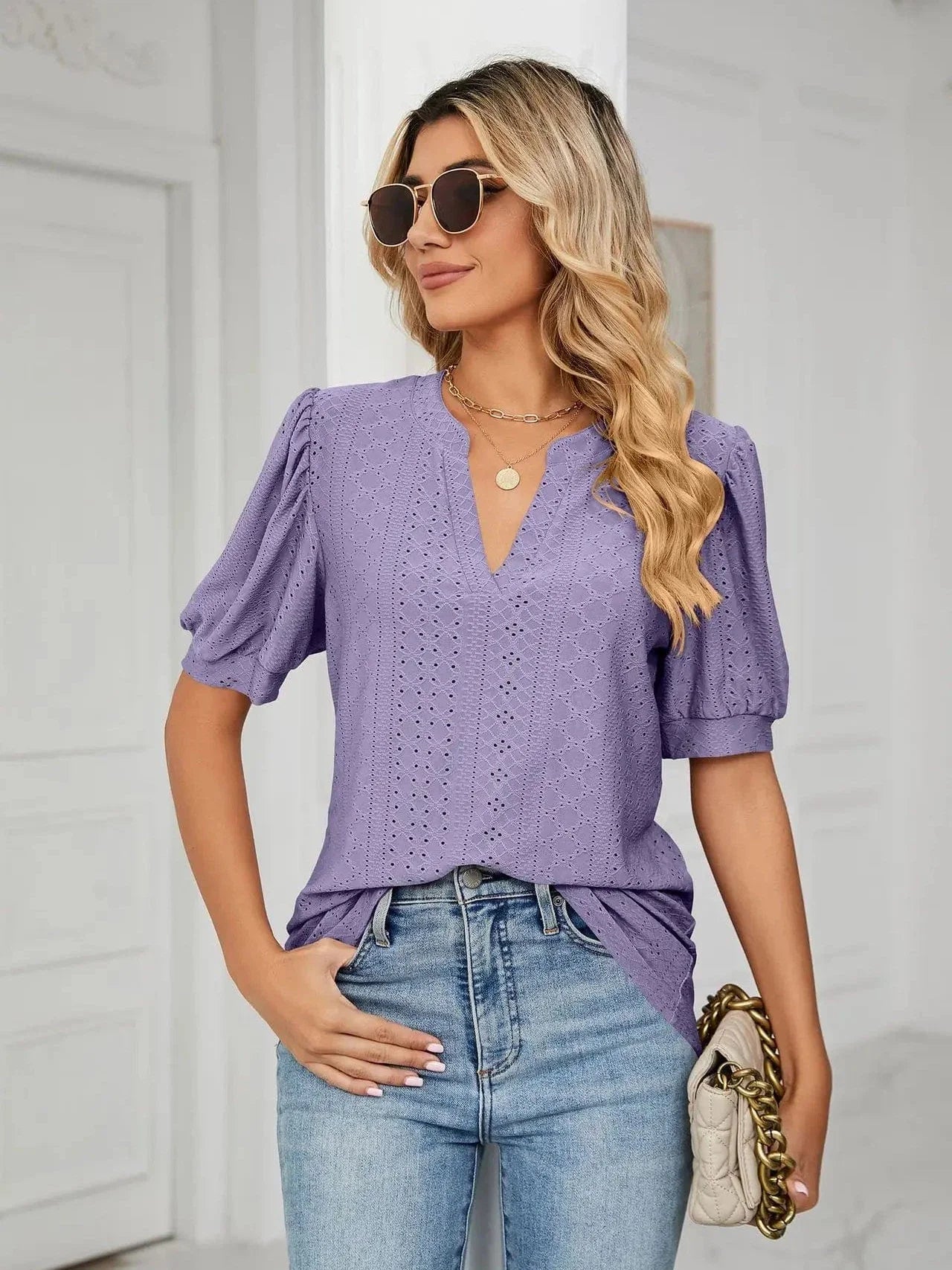 Summer New Clothing Casual Top for Women V-neck Shirts for Women Solid Color Hollow Bubble Sleeve Loose T Shirt Women Tops