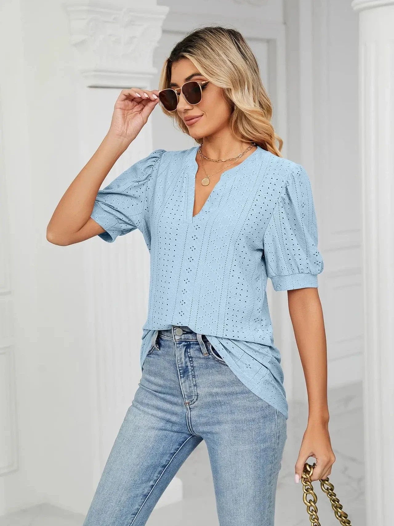 Summer New Clothing Casual Top for Women V-neck Shirts for Women Solid Color Hollow Bubble Sleeve Loose T Shirt Women Tops
