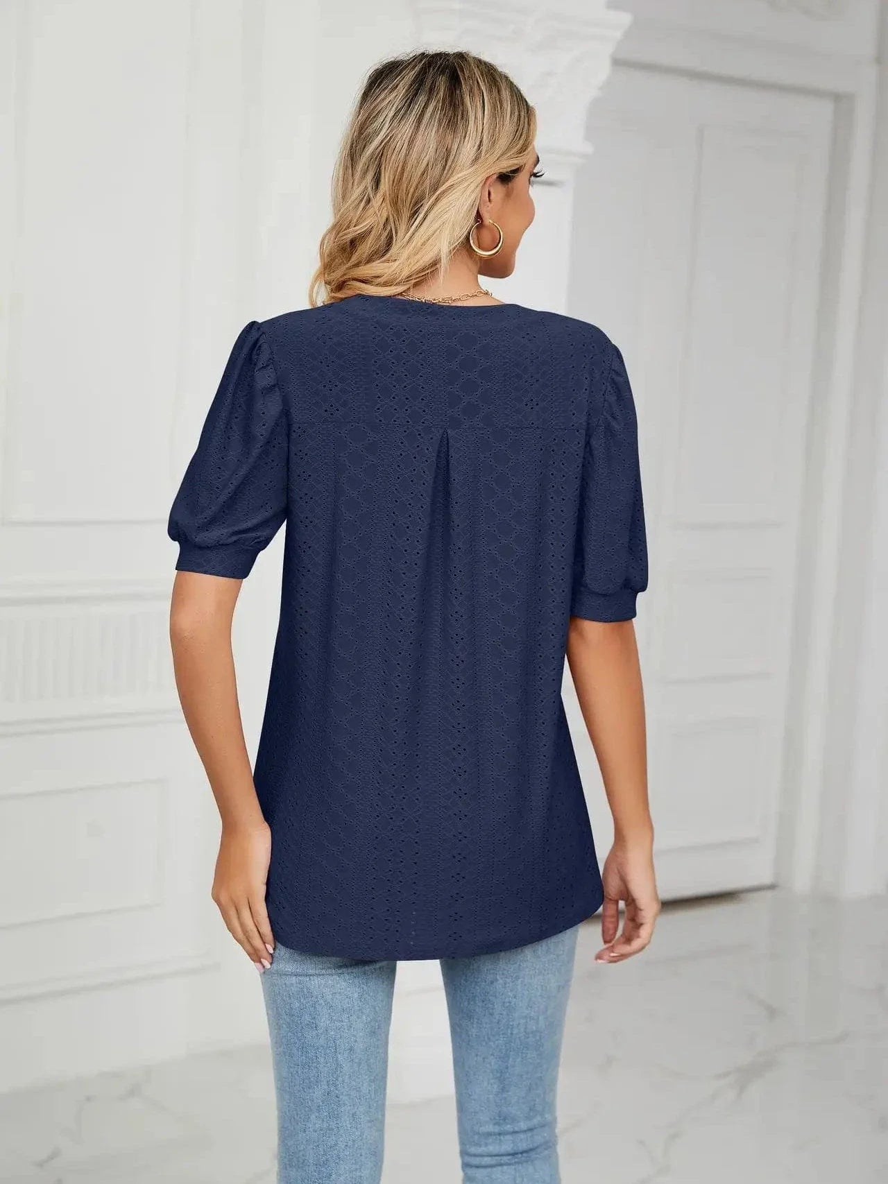 Summer New Clothing Casual Top for Women V-neck Shirts for Women Solid Color Hollow Bubble Sleeve Loose T Shirt Women Tops
