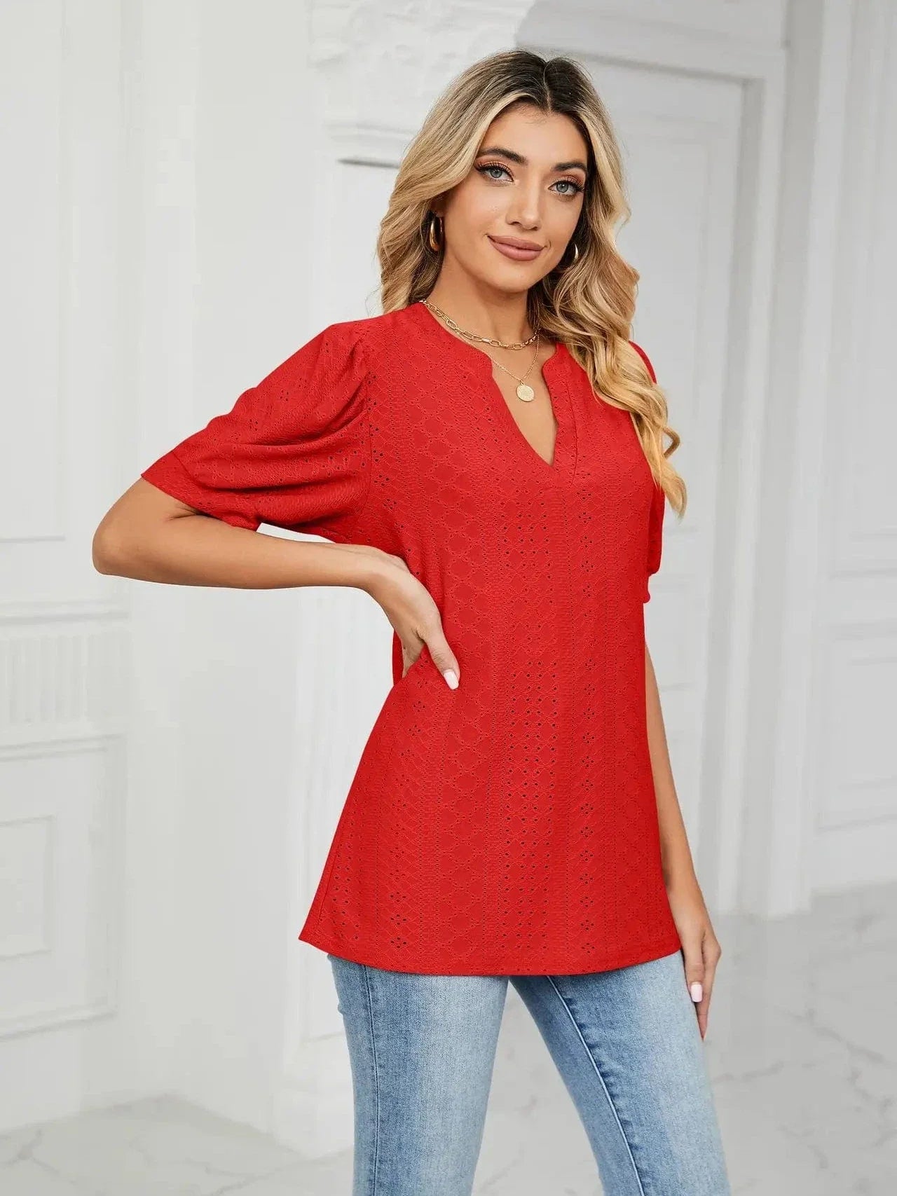 Summer New Clothing Casual Top for Women V-neck Shirts for Women Solid Color Hollow Bubble Sleeve Loose T Shirt Women Tops