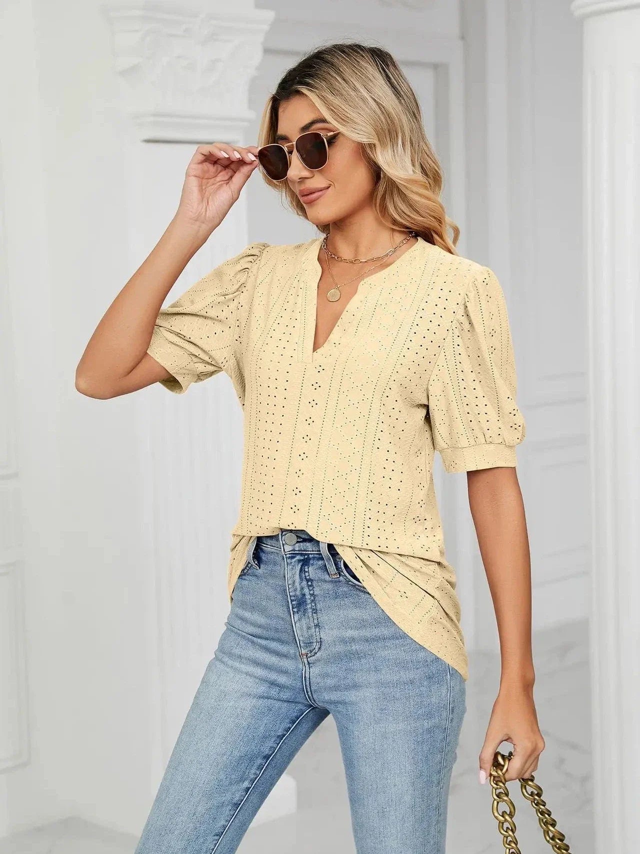 Summer New Clothing Casual Top for Women V-neck Shirts for Women Solid Color Hollow Bubble Sleeve Loose T Shirt Women Tops