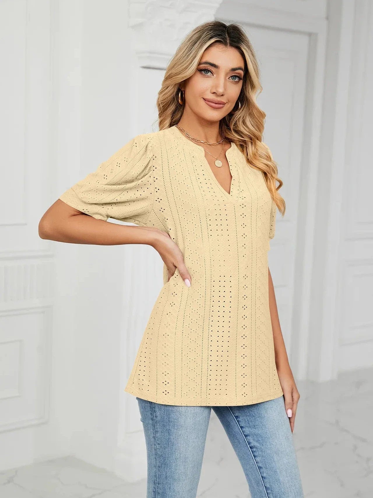 Summer New Clothing Casual Top for Women V-neck Shirts for Women Solid Color Hollow Bubble Sleeve Loose T Shirt Women Tops