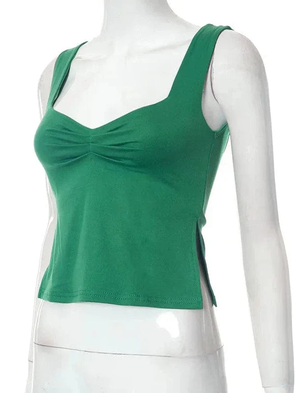 Vintage Square Neck Slit Hem Backless Cropped Tank Top