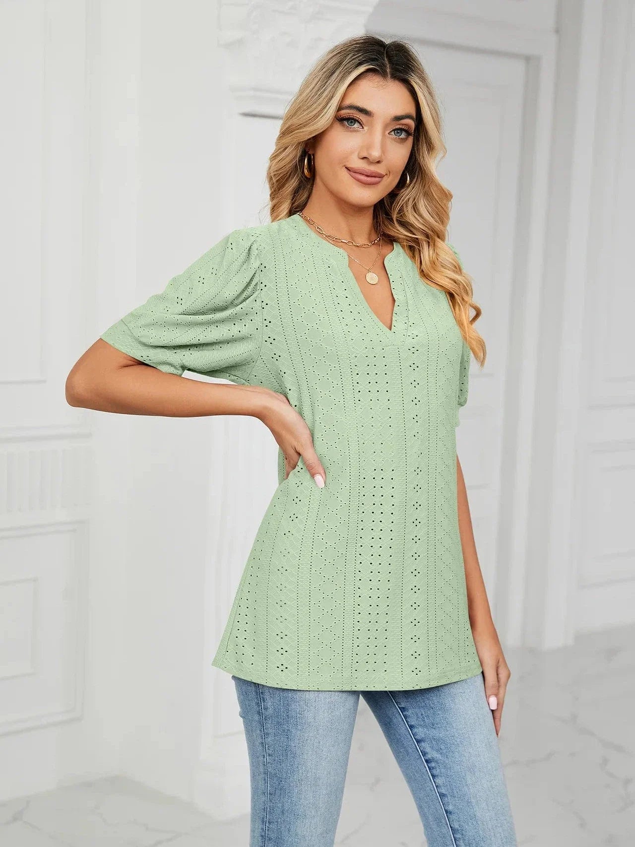 Summer New Clothing Casual Top for Women V-neck Shirts for Women Solid Color Hollow Bubble Sleeve Loose T Shirt Women Tops