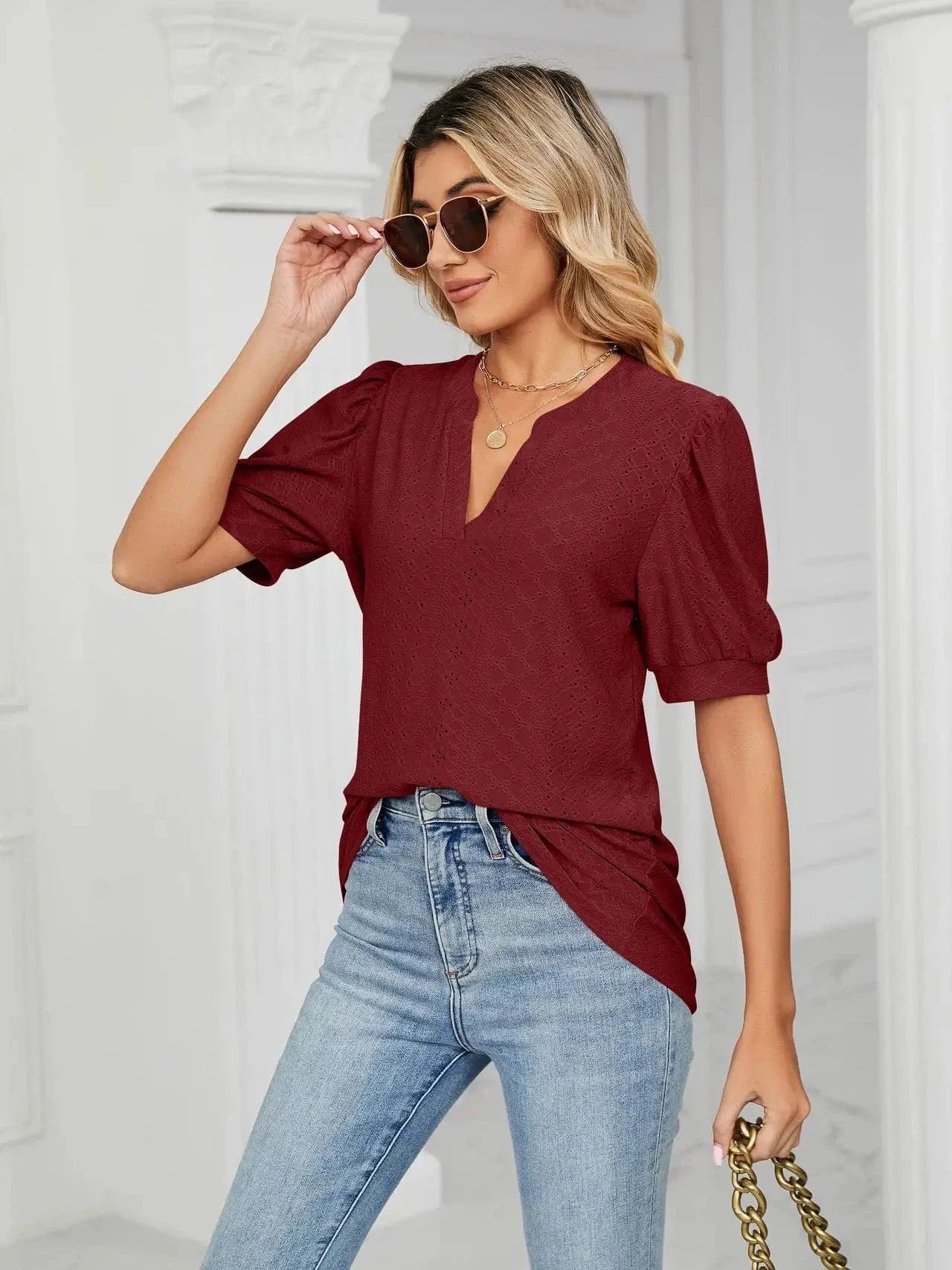 Summer New Clothing Casual Top for Women V-neck Shirts for Women Solid Color Hollow Bubble Sleeve Loose T Shirt Women Tops