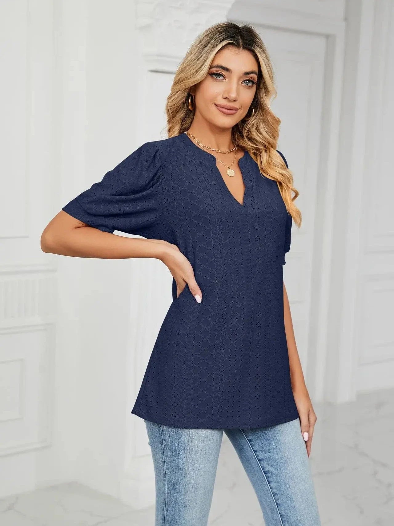 Summer New Clothing Casual Top for Women V-neck Shirts for Women Solid Color Hollow Bubble Sleeve Loose T Shirt Women Tops