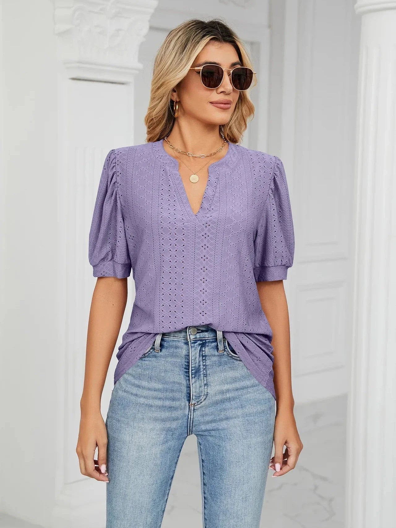 Summer New Clothing Casual Top for Women V-neck Shirts for Women Solid Color Hollow Bubble Sleeve Loose T Shirt Women Tops
