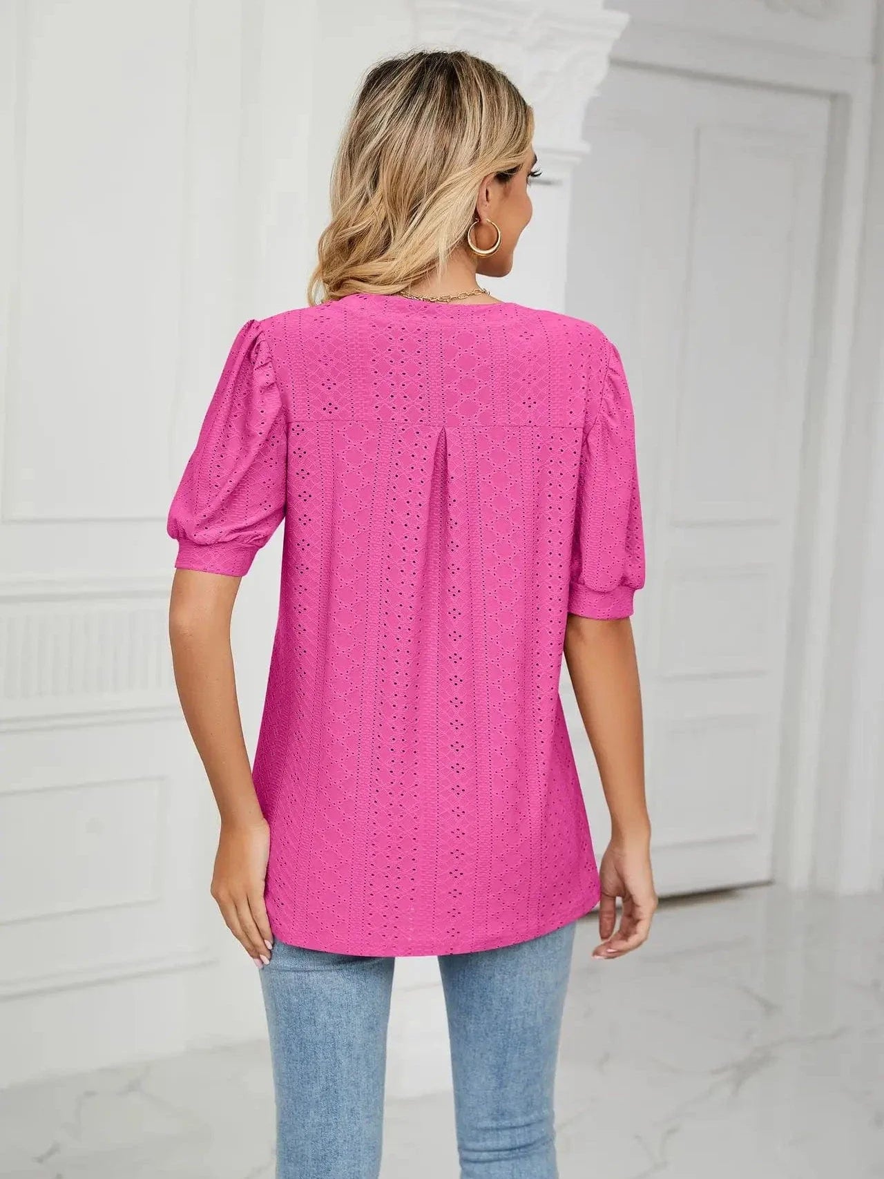 Summer New Clothing Casual Top for Women V-neck Shirts for Women Solid Color Hollow Bubble Sleeve Loose T Shirt Women Tops