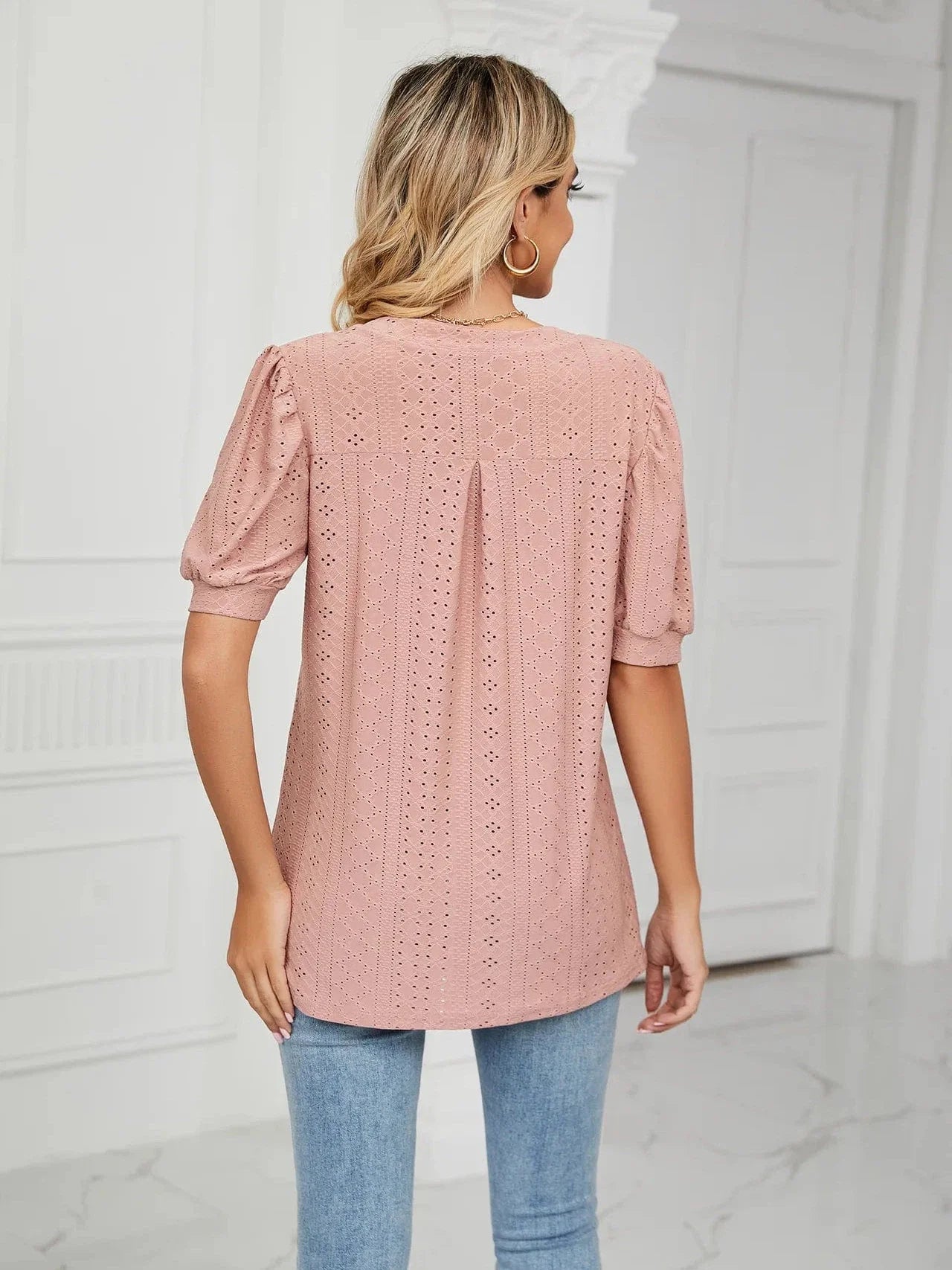 Summer New Clothing Casual Top for Women V-neck Shirts for Women Solid Color Hollow Bubble Sleeve Loose T Shirt Women Tops