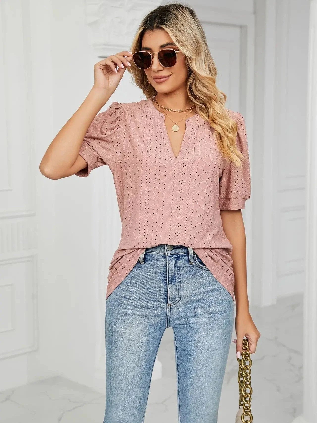 Summer New Clothing Casual Top for Women V-neck Shirts for Women Solid Color Hollow Bubble Sleeve Loose T Shirt Women Tops