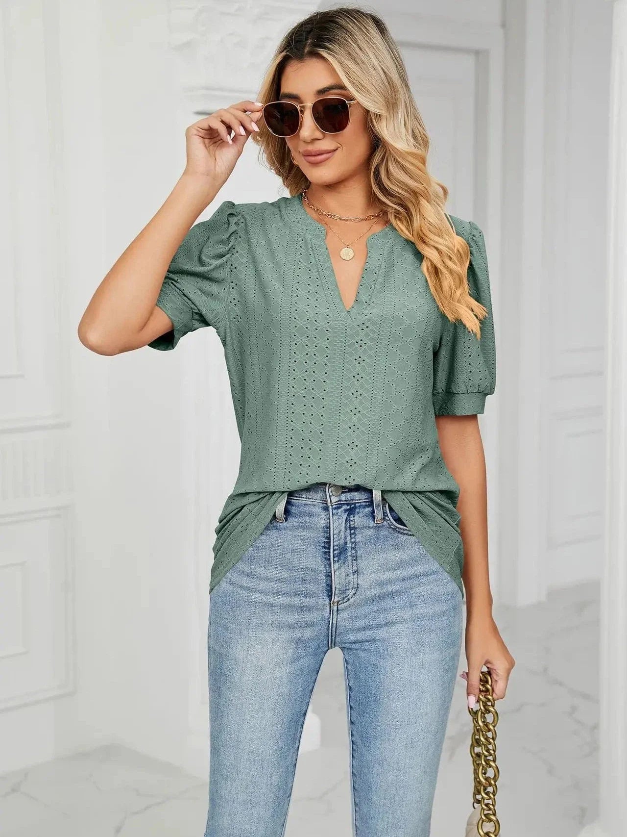 Summer New Clothing Casual Top for Women V-neck Shirts for Women Solid Color Hollow Bubble Sleeve Loose T Shirt Women Tops