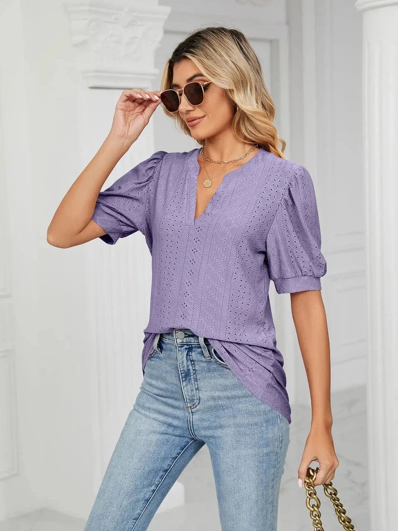 Summer New Clothing Casual Top for Women V-neck Shirts for Women Solid Color Hollow Bubble Sleeve Loose T Shirt Women Tops