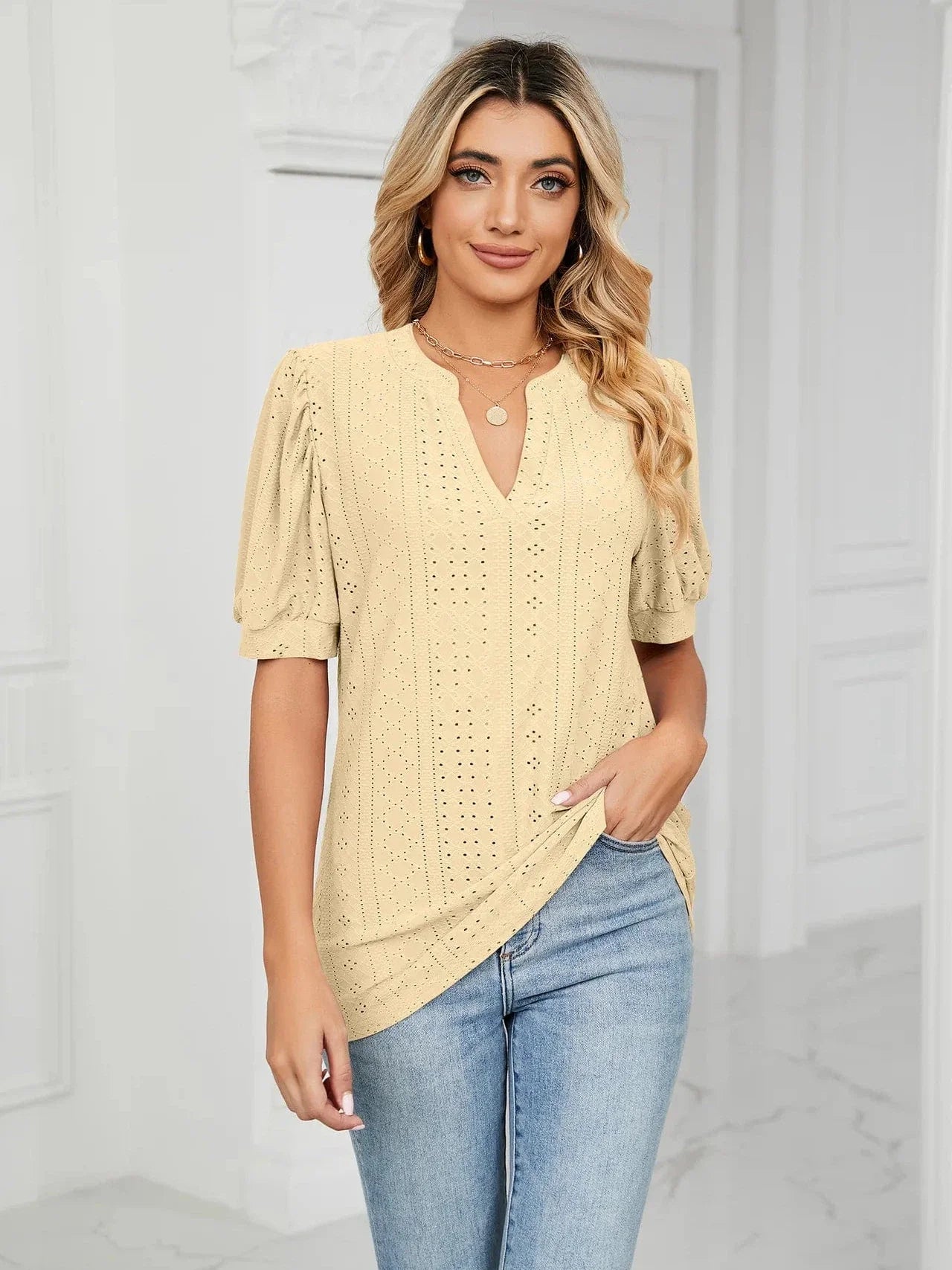 Summer New Clothing Casual Top for Women V-neck Shirts for Women Solid Color Hollow Bubble Sleeve Loose T Shirt Women Tops