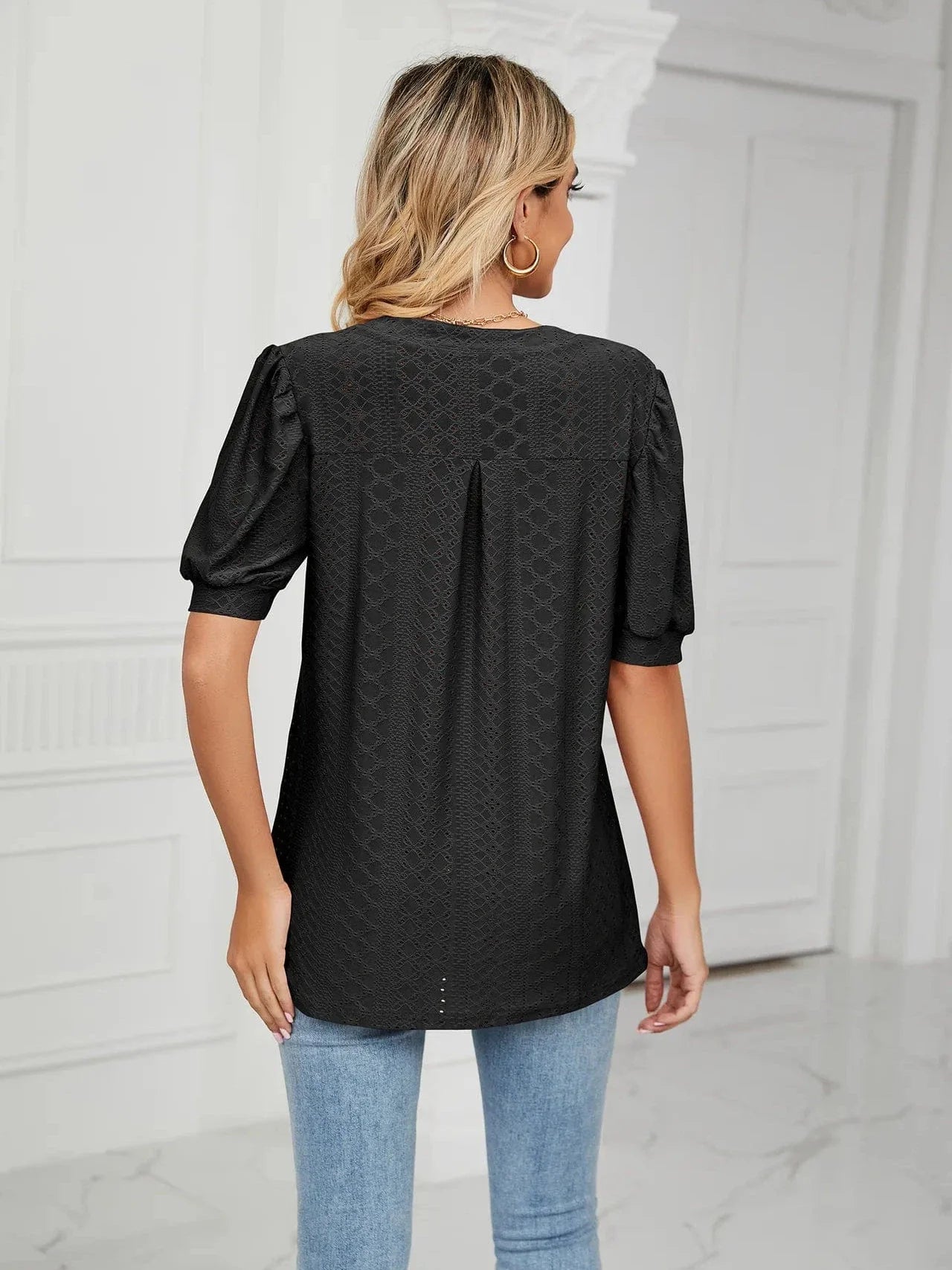 Summer New Clothing Casual Top for Women V-neck Shirts for Women Solid Color Hollow Bubble Sleeve Loose T Shirt Women Tops