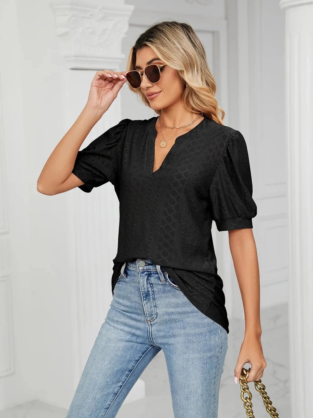 Summer New Clothing Casual Top for Women V-neck Shirts for Women Solid Color Hollow Bubble Sleeve Loose T Shirt Women Tops