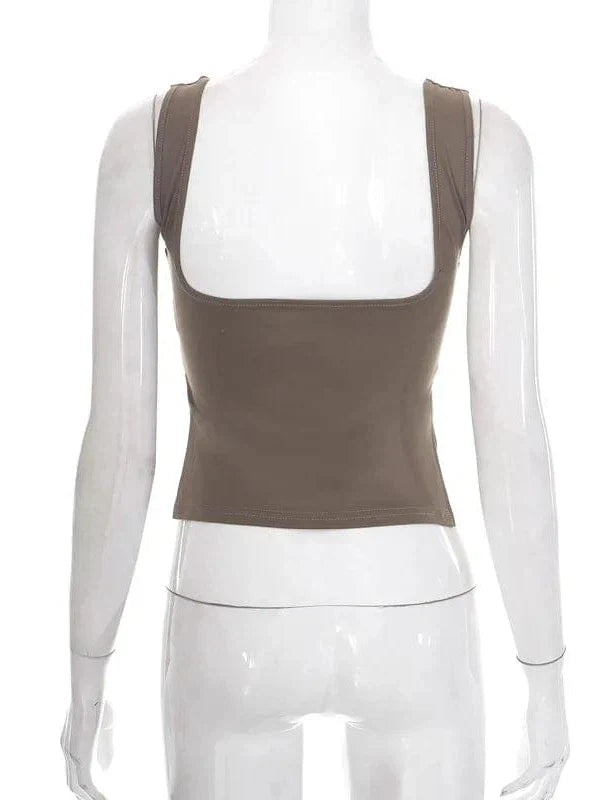 Vintage Square Neck Slit Hem Backless Cropped Tank Top