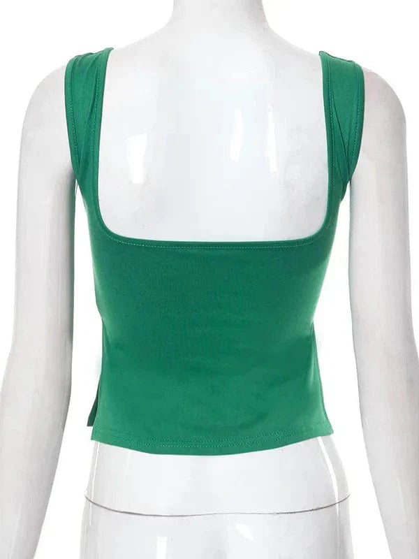Vintage Square Neck Slit Hem Backless Cropped Tank Top