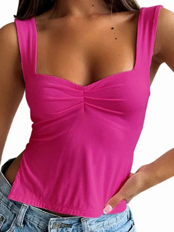 Vintage Square Neck Slit Hem Backless Cropped Tank Top