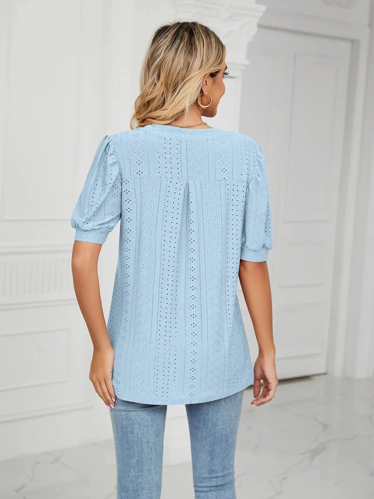 Summer New Clothing Casual Top for Women V-neck Shirts for Women Solid Color Hollow Bubble Sleeve Loose T Shirt Women Tops