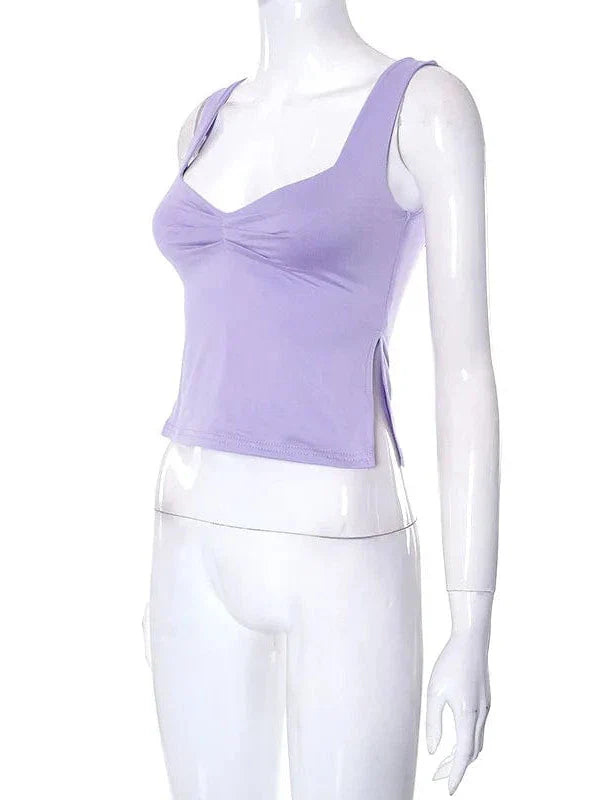 Vintage Square Neck Slit Hem Backless Cropped Tank Top