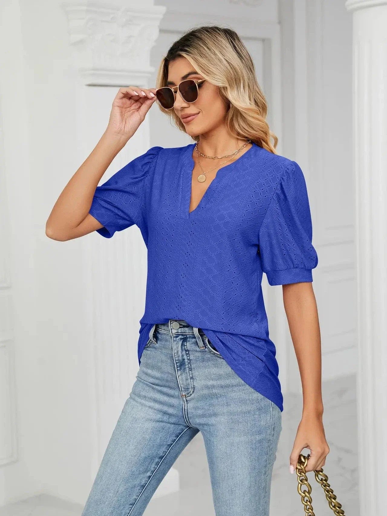 Summer New Clothing Casual Top for Women V-neck Shirts for Women Solid Color Hollow Bubble Sleeve Loose T Shirt Women Tops