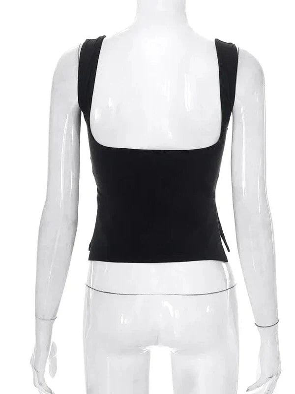 Vintage Square Neck Slit Hem Backless Cropped Tank Top