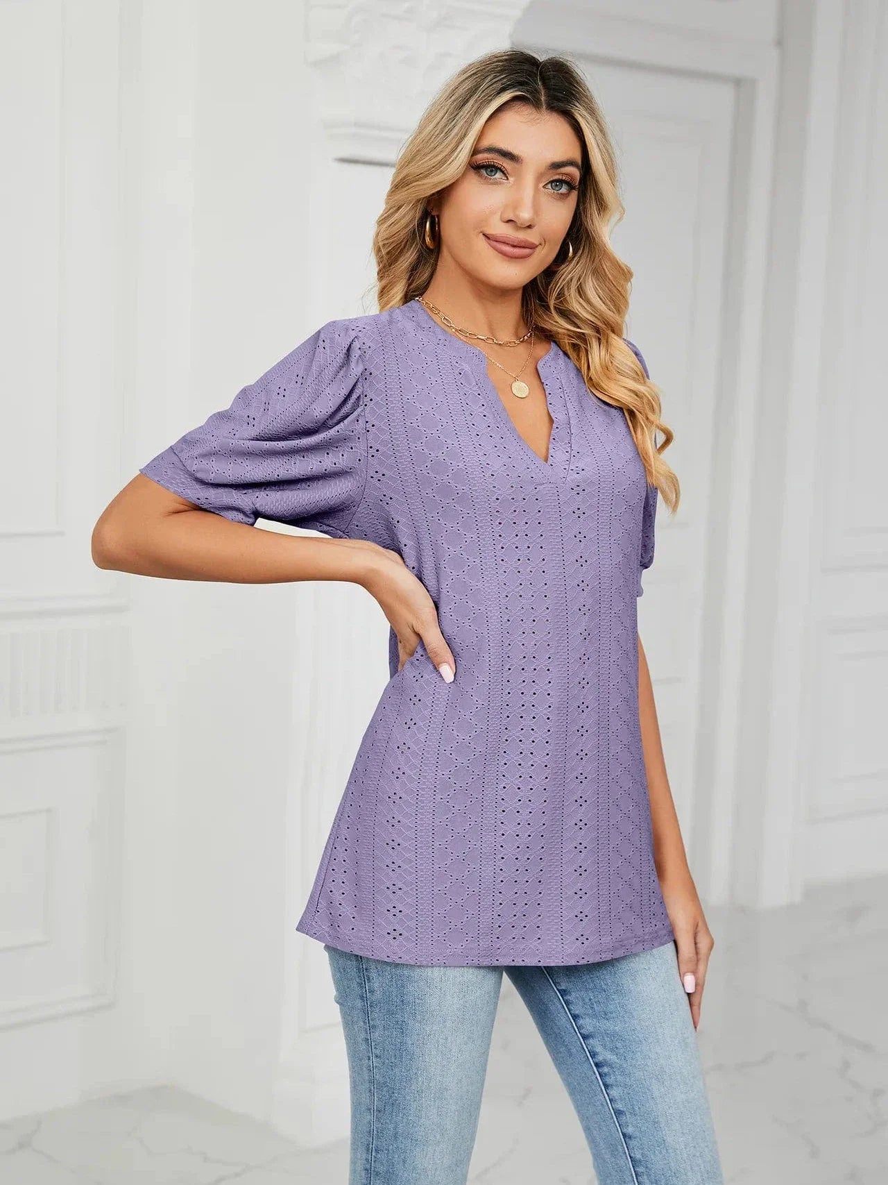 Summer New Clothing Casual Top for Women V-neck Shirts for Women Solid Color Hollow Bubble Sleeve Loose T Shirt Women Tops