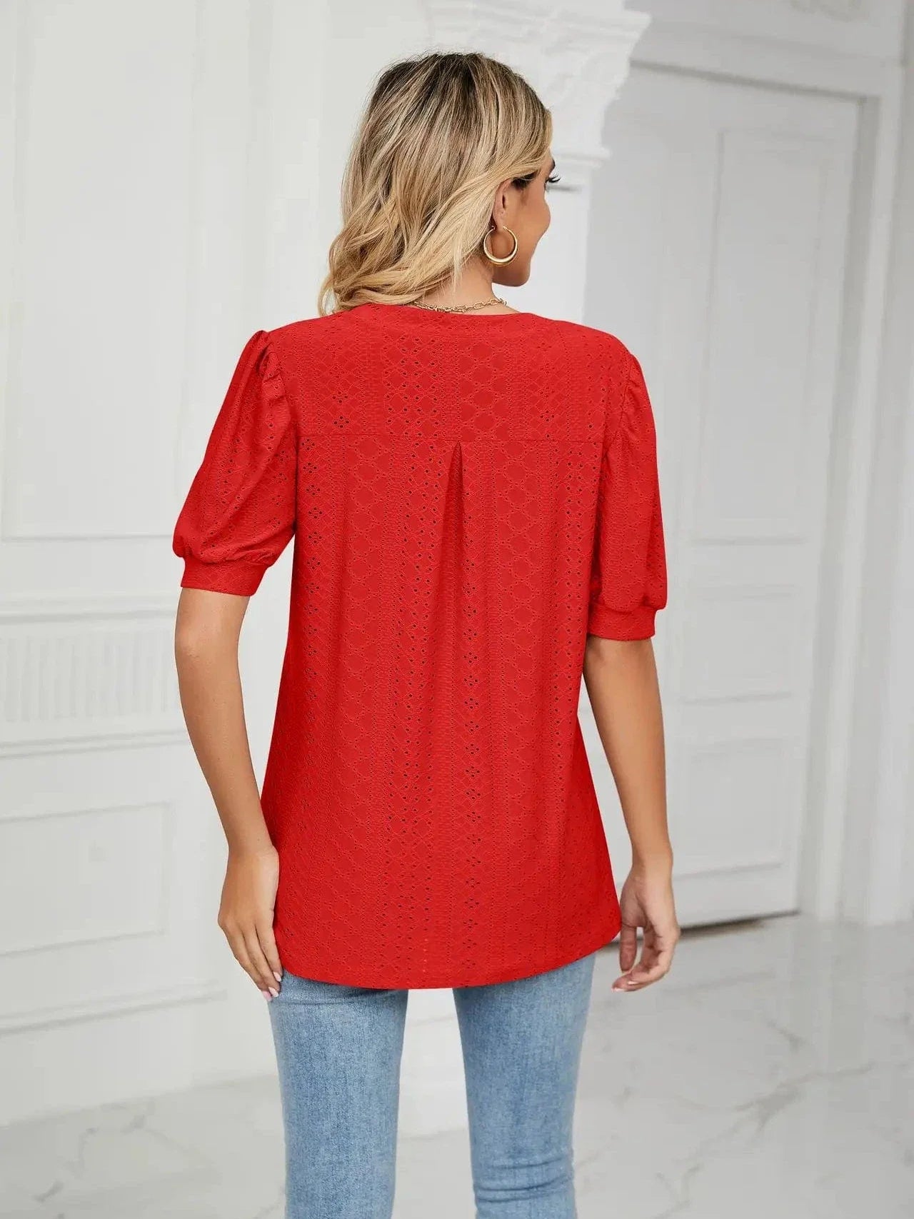 Summer New Clothing Casual Top for Women V-neck Shirts for Women Solid Color Hollow Bubble Sleeve Loose T Shirt Women Tops