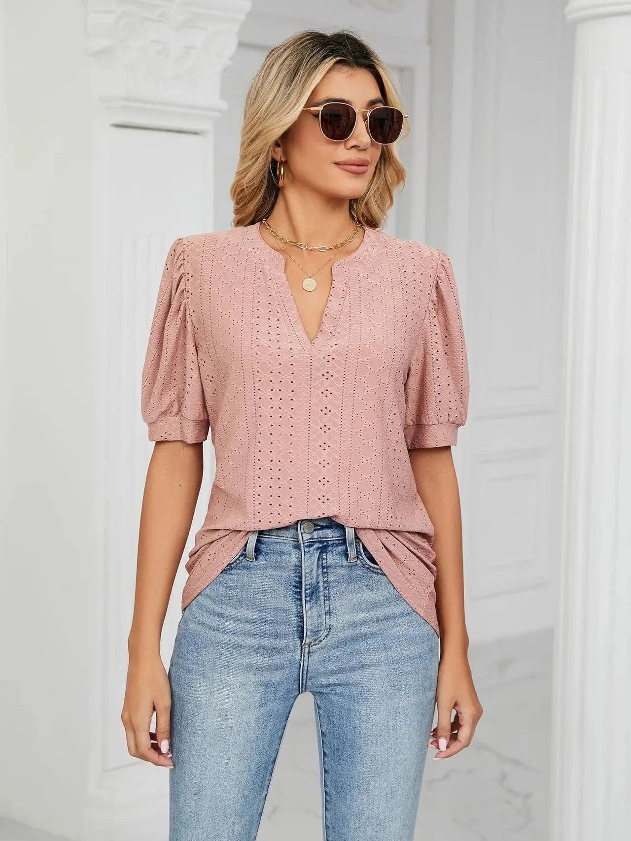 Summer New Clothing Casual Top for Women V-neck Shirts for Women Solid Color Hollow Bubble Sleeve Loose T Shirt Women Tops